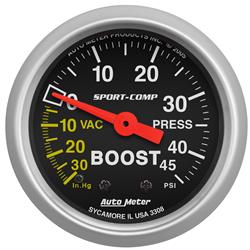 Gauge, Sport-Comp, Boost/Vacuum, 30 in. Hg./45 psi, 2 1/16 in., Analog, Mechanical, Each