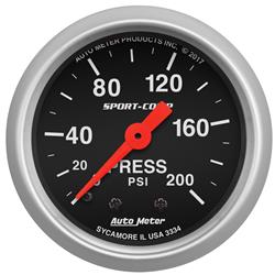Gauges, Sport-Comp Analog Gauges, Pressure, 0-200 psi, 2 1/16 in., Black Face, White Numbers, Silver Bezel, Mechanical, Each