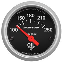 Gauge, Sport-Comp, Oil Temperature, 100-250 Degrees F, 2 1/16 in., Analog, Electrical, Each
