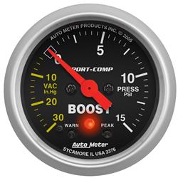 Gauge, Sport-Comp, Boost/Vacuum, 30 in. Hg/15 psi, 2 1/16 in., Analog, Electrical, Each