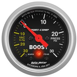 Gauge, Sport-Comp, Boost/Vacuum, 30 in. Hg/30 psi, 2 1/16 in., Analog, Electrical, Each