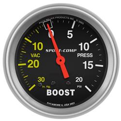 Gauge, Sport-Comp, Boost/Vacuum, 30 in. Hg/20 psi, 2 5/8 in., Analog, Mechanical, Each