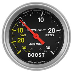 Gauge, Sport-Comp, Boost/Vacuum, 30 in. Hg/30 psi, 2 5/8 in., Analog, Mechanical, Each