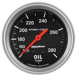Gauge, Sport-Comp, Oil Temperature, 140-280 Degrees F, 2 5/8 in., Analog, Mechanical, Each