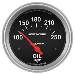 Gauge, Sport-Comp, Oil Temperature, 100-250 Degrees F, 2 5/8 in., Analog, Electrical, Each