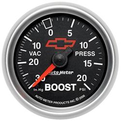 Gauge, Sport-Comp II, Chevy Red Bowtie Emblem, Boost/Vacuum, 30 in. Hg-20 psi, 2 1/16 in., Analog, Mechanical, Each