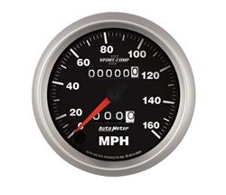 Gauges, Sport-Comp II Speedometer, 0-160 mph, 3 3/8 in., Black Face, Silver Bezel, Analog, Mechanical, Tripometer, Each