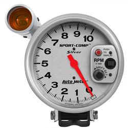 Tachometer, Ultra-Lite, Silver, 0-10,000 rpm, 5 in., Analog, Electrical, with Shift Light, Each