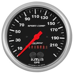 Gauges, Sport-Comp GPS Speedometer, 0-225 kph, 5 in., Analog, Black Face, Silver Bezel, Electrical, Each