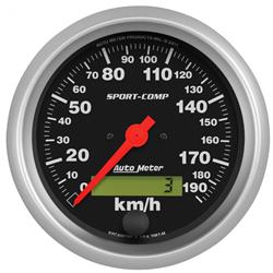 Speedometer, Sport-Comp, 0-190 kph, 3 3/8 in., Analog, Electrical, Each