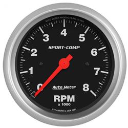 Tachometer, Sport-Comp, 0-8,000 rpm, 3 3/8 in., Analog, Electrical, In-Dash, Each