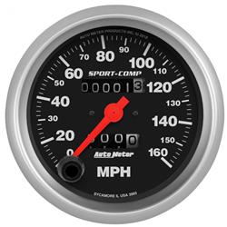 Speedometer, Sport-Comp, 0-160 mph, 3 3/8 in., Analog, Mechanical, Each