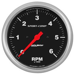 Gauges, Sport-Comp Series Tachometers, Analog, 0-6,000 rpm, 5 in. Diameter, Black Face, White Numbers, Silver Bezel, Electrical, Each