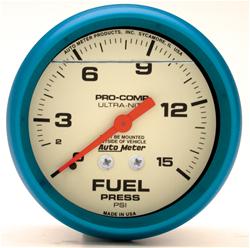 Gauge, Ultra-Nite, Analog, Fuel Pressure, 0-15 psi, 2 5/8 in. Diameter, White Face, Liquid-filled, Each