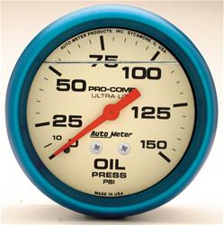 Gauge, Ultra-Nite, Analog, Oil Pressure, 0-150 psi, 2 5/8 in. Diameter, White Face, Liquid-filled, Each