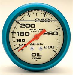Gauge, Ultra-Nite, Analog, Oil Temperature, 140-280 degrees F, 2 5/8 in. Diameter, White Face, Liquid-filled