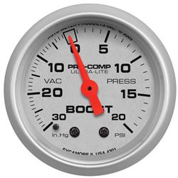 Gauge, Ultra-Lite, Boost/Vacuum, 30 in. Hg/20 psi, 2 1/16 in., Analog, Mechanical, Each