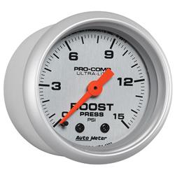 Gauge, Ultra-Lite, Boost Pressure, 0-15 psi, 2 1/16 in., Silver Face, Analog, Mechanical, Each