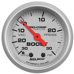 Gauge, Ultra-Lite, Boost/Vacuum, 30 in. Hg/30 psi, 2 1/16 in., Analog, Mechanical, Each