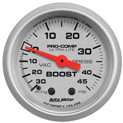 Gauge, Ultra-Lite, Boost/Vacuum, 30 in. Hg/45 psi, 2  1/16 in., Analog, Mechanical, Each