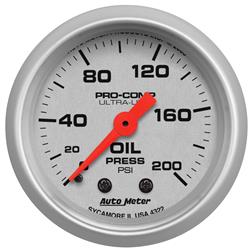 Gauge, Ultra-Lite, Oil Pressure, 0-200 psi, 2 1/16 in., Analog, Mechanical, Each