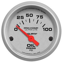 Gauge, Ultra-Lite, Oil Pressure, 0-100 psi, 2 1/16 in., Analog, Electrical, Each