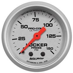 Gauges, Ultra-Lite Analog Gauges, Air Pressure, 0-150 psi, 2 1/16 in., Silver Face, Black Numbers, Silver Bezel, Illuminated, Mechanical, Each