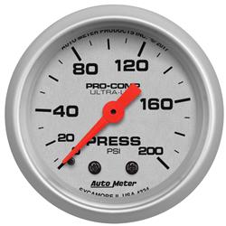 Gauges, Ultra-Lite Analog Gauges, Pressure, 0-200 psi, 2 1/16 in., Silver Face, Black Numbers, Silver Bezel, Illuminated, Mechanical, Each