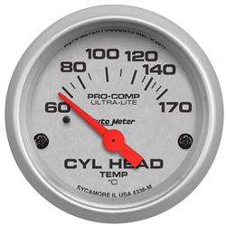 Gauges, Ultra-Lite Analog Gauges, Cylinder Head Temperature, 60-170 degrees C, 2 1/16 in., Silver Face, Black Numbers, Silver Bezel, Electrical, Each