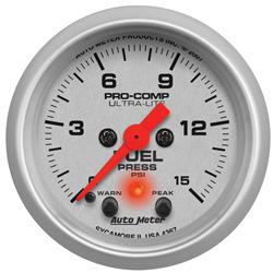 Gauge, Ultra-Lite, Fuel Pressure, 0-15 psi, 2 1/16 in., Analog, Electrical, Peak Pressure, Warning, Each