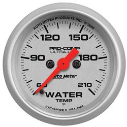 Gauge, Ultra-Lite, Water Temperature, 60-210 Degrees F, 2 1/16 in., Analog, Electrical, Each