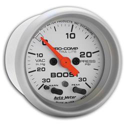 Gauge, Ultra-Lite, Boost/Vacuum, 30 in. Hg/30 psi, 2 1/16 in., Analog, Electrical, Each