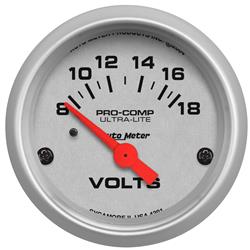 Gauge, Ultra-Lite, Voltmeter, 8-18 V, 2 1/16 in., Analog, Electrical, Each
