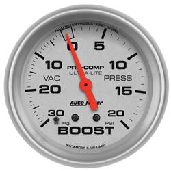 Gauge, Ultra-Lite, Boost/Vacuum, 30 in. Hg/20 psi, 2 5/8 in., Analog, Mechanical, Each