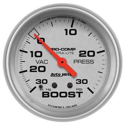 Gauge, Ultra-Lite, Boost/Vacuum, 30 in. Hg/30 psi, 2 5/8 in., Analog, Mechanical, Each