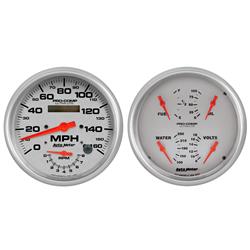 Gauge, Ultra-Lite, Silver Face, Black Number, 5 in., Fuel Level, 240 Ohms/33 Ohms, Oil Pressure, Speedometer, Tachometer, Water Temperature, Volt, Kit