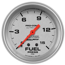 Gauge, Ultra-Lite, Fuel Pressure, 0-15 psi, 2 5/8 in., Analog, Mechanical, Each