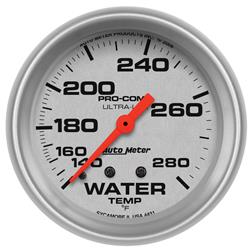 Gauge, Ultra-Lite, Water Temperature, 140-280 Degrees F, 2 5/8 in., Analog, Mechanical, Each