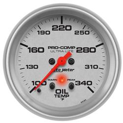 Gauge, Ultra-Lite, Oil Temperature, 100-340 Degrees F, 2 5/8 in., Analog, Electrical, Each