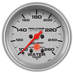 Gauge, Ultra-Lite, Water Temperature, 100-260 Degrees F, 2 5/8 in., Analog, Electrical, Each