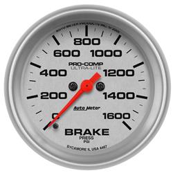 Gauge, Ultra-Lite, Brake Pressure, 0-1,600 psi, 2 5/8 in., Analog, Electrical, Each