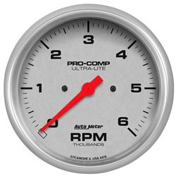 Tachometer Gauge, Analog, 0-6,000 rpm, 5 in. Diameter, Silver Face, Full Sweep, Electrical, Each