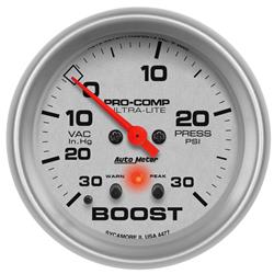 Gauge, Ultra-Lite, Boost/Vacuum, 30 in. Hg/30 psi, 2 5/8 in., Analog, Electrical, Each