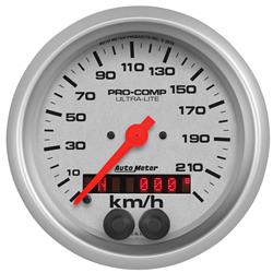 Gauges, Ultra-Lite GPS Speedometer, 0-225 kph, 3 3/8 in., Analog, Silver Face, Silver Bezel, Electrical, Each