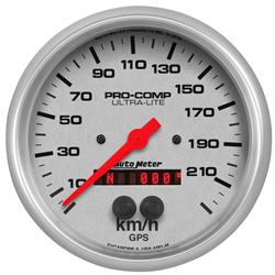 Gauges, Ultra-Lite GPS Speedometer, 0-225 kph, 5 in., Analog, Silver Face, Silver Bezel, Electrical, Each