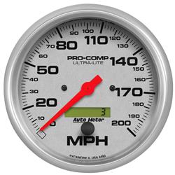 Speedometer, Ultra-Lite, 0-200 mph, 5 in., Analog, Electrical, Each