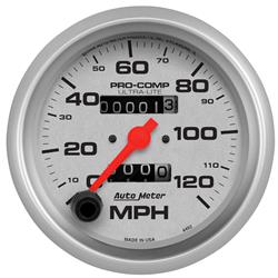 Speedometer, Ultra-Lite, 0-120 mph, 3 3/8 in., Analog, Mechanical, Each