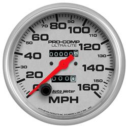 Speedometer, Ultra-Lite, 0-160 mph, 5 in Face, Fits 4-5/8 in. Hole,., Analog, Mechanical, Each