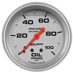 Gauge, Pro-Comp, Silver Face, Oil Pressure, 0-100 psi, 2 5/8 in., Analog, Mechanical, Each