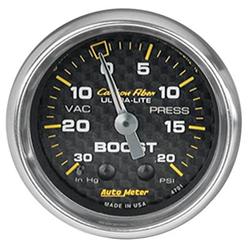 Gauge, Carbon Fiber, Boost/Vacuum, 30 in. Hg/20 psi, 2 1/16 in., Analog, Mechanical, Each
